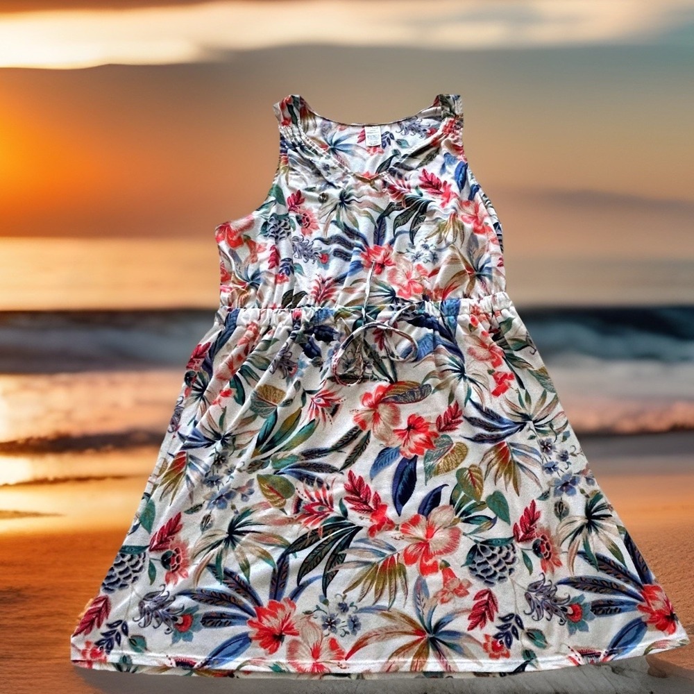 Wms Tropical Floral Sundress L Blue Red Sleeveless Boho Summer Colorful Vacation